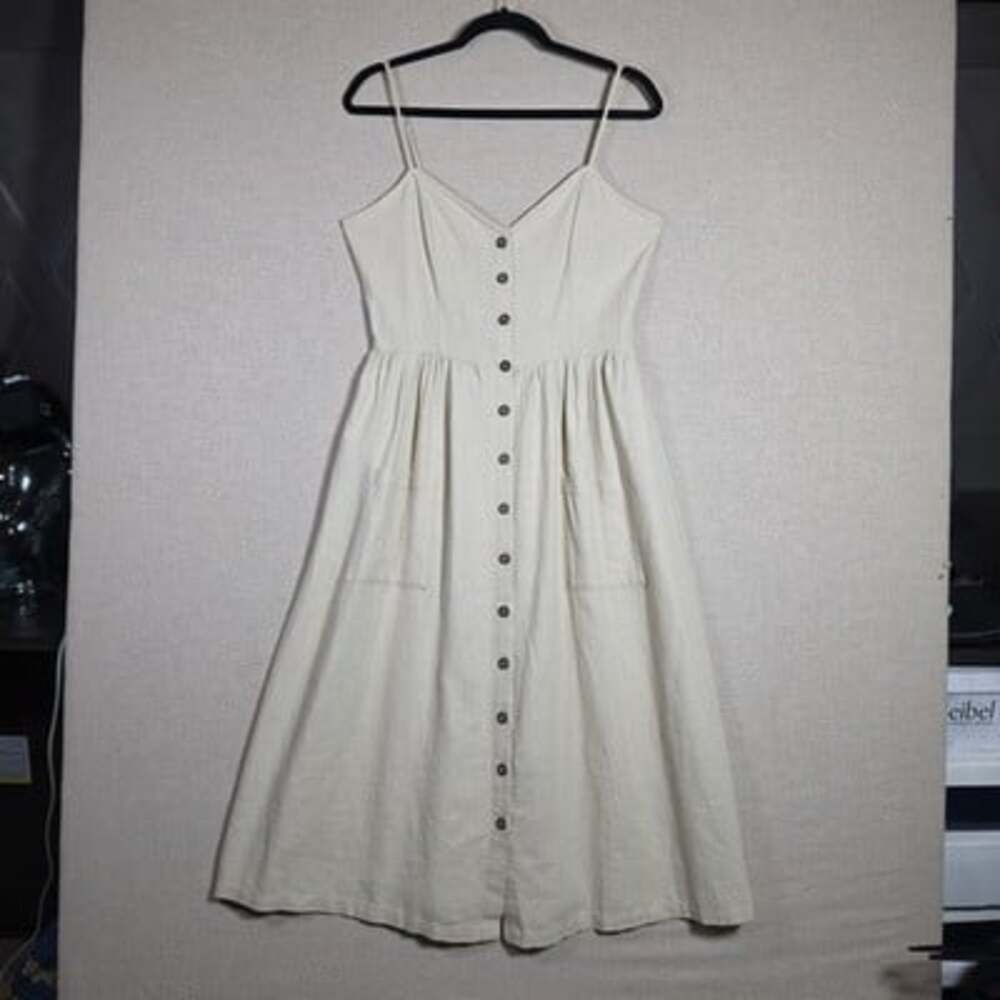 Forever 21 Linen Beige apron button front Spagetti Strap dress Womens Medium